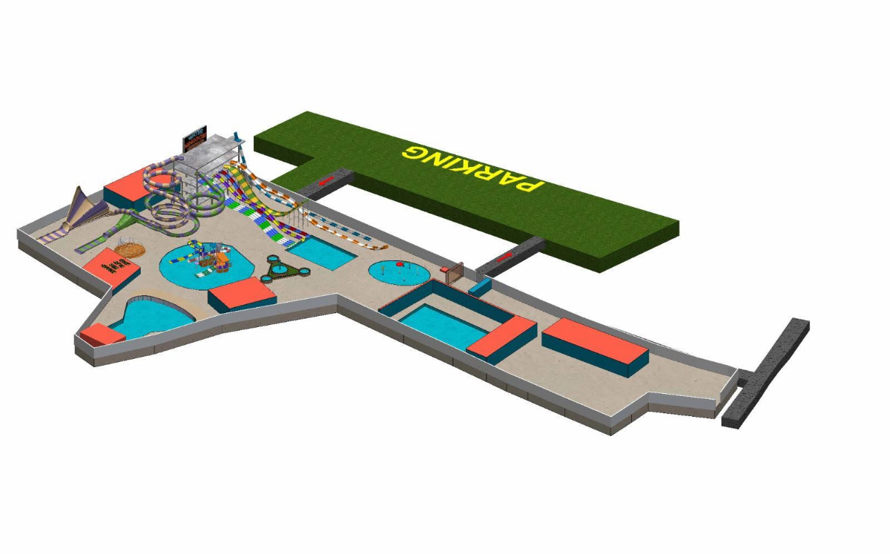 3D layout map of Water Kingdom Park and Resort showing slides, pools, buildings and parking
